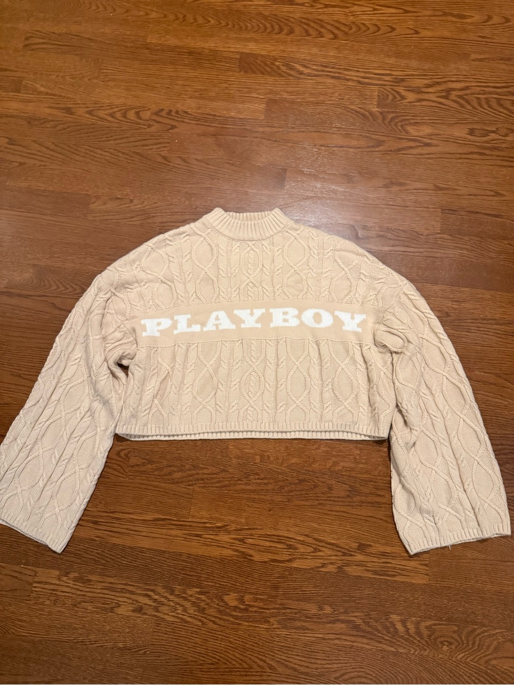 PLAYBOY x MISSGUIDED Beige Cable Knit Crop Sweater